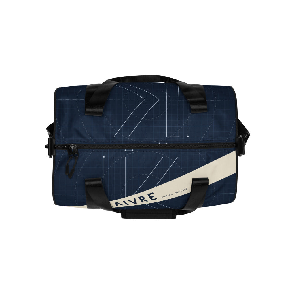 Blueprint Studio Gym Bag by KAIVRE, from above. Edition number shown is an example.