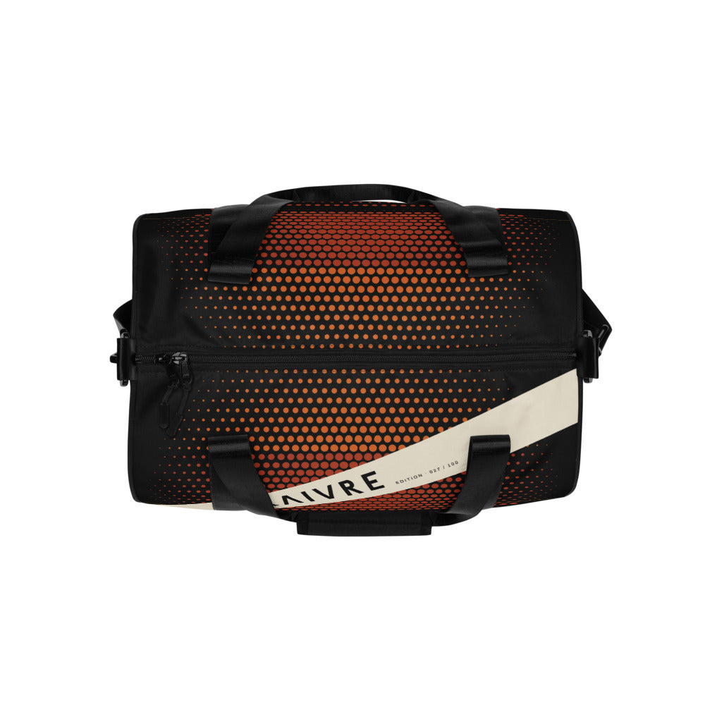 Sundown Studio Gym Bag by KAIVRE, from above. Edition number shown is an example.