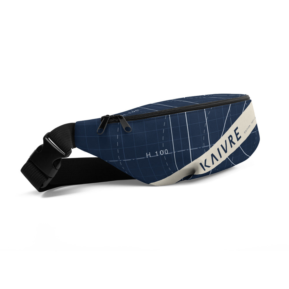 Blueprint Tide Waist Bag by KAIVRE, three-quarter view. Edition number shown is an example.