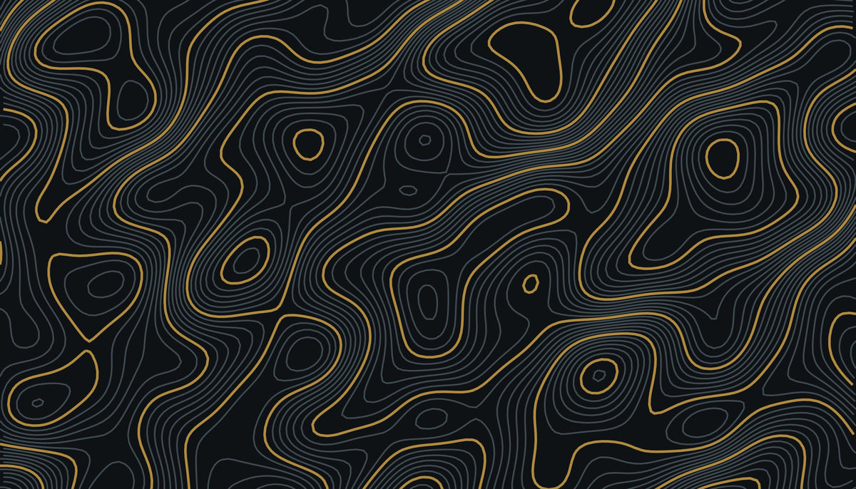 Tide Lines artwork: depth contours of an invented sea floor in brass on black